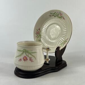 Belleek Ireland Bone China Teacup Saucer Set Pink Floral Ribbed Gold Handle